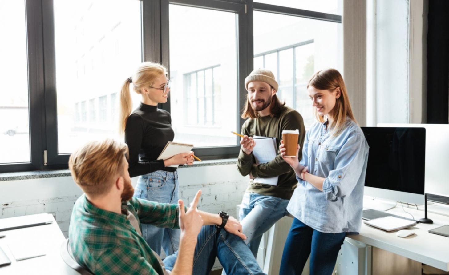 Modern office workspace with collaborative development environment